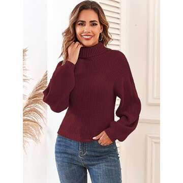 ZAFUL Women's Cropped Turtleneck Sweater Lantern Sleeve Ribbed Knit Pullover Sweater Jumper (2-Wine Red, S)