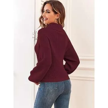 ZAFUL Women's Cropped Turtleneck Sweater Lantern Sleeve Ribbed Knit Pullover Sweater Jumper (2-Wine Red, S)