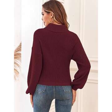 ZAFUL Women's Cropped Turtleneck Sweater Lantern Sleeve Ribbed Knit Pullover Sweater Jumper (2-Wine Red, S)