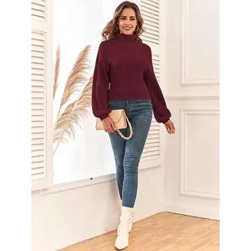 ZAFUL Women's Cropped Turtleneck Sweater Lantern Sleeve Ribbed Knit Pullover Sweater Jumper (2-Wine Red, S)