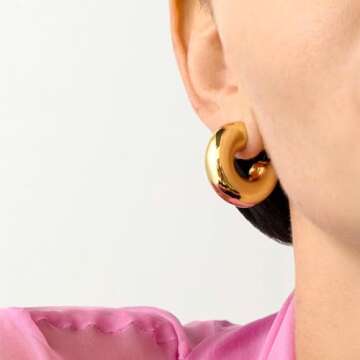 Moodear Chunky Hoop Earrings for Women - Thick 14K Gold Plated Hypoallergenic Hoops Earring Non Tarn...