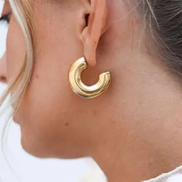 Moodear Chunky Hoop Earrings for Women - Thick 14K Gold Plated Hypoallergenic Hoops Earring Non Tarnish