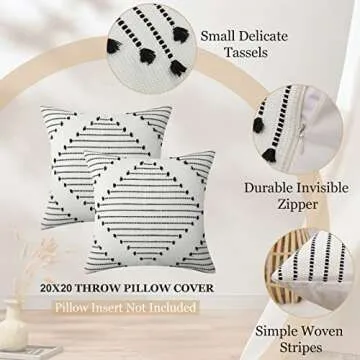 Mecatny Boho Throw Pillow Covers 20X20 Set of 2, Farmhouse Decorative Pillow Covers for Couch Sofa Living Room, Black & Cream White