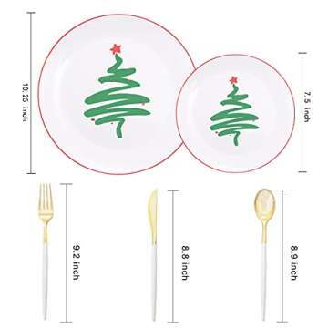 LIYH 150pcs Christmas Dinnerware Set, Christmas Tree Plates, Gold Cutlery