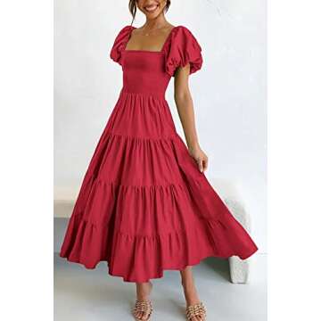 PRETTYGARDEN Women's Casual Summer Midi Dress with Puffy Sleeves and Ruffles