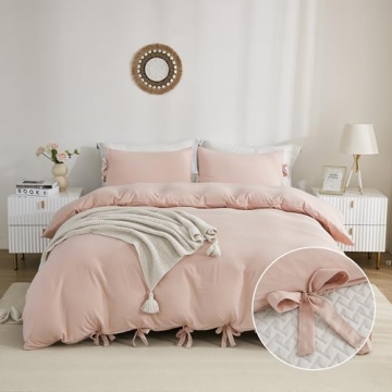 Annadaif Pink Duvet Cover Queen - 3 Piece Soft Washed Microfiber Bowknot Bedding Set, Easy Care