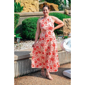 STYLEWORD Women's Spring Fashion 2025 Summer Maxi Boho Floral Beach Resort Sundresses Long Halter Dresses Trendy(Floral48,XL)