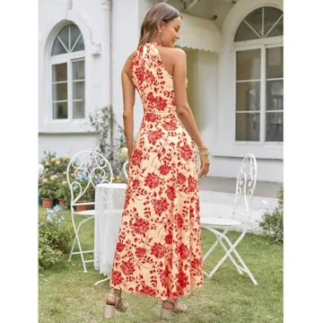 STYLEWORD Women's Spring Fashion 2025 Summer Maxi Boho Floral Beach Resort Sundresses Long Halter Dresses Trendy(Floral48,XL)