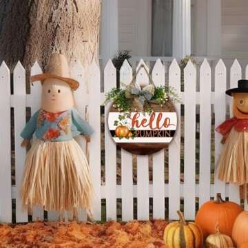Dacawin Hello Pumpkin Sign for Front Door Fall Rustic Harvest Hanging Sign With Bow and Wreath Thank...