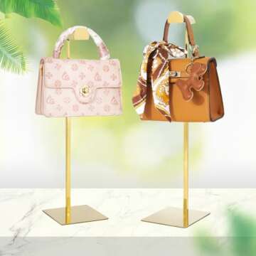 MCKECHSION Purse Holder, 4 Pack Purse Rack Stainless Steel Heavy Bag Stand Gold Hanging Hook Stands Adjustable Height Table Display Stand for Home Store Boutique Counter