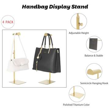 MCKECHSION Purse Holder, 4 Pack Purse Rack Stainless Steel Heavy Bag Stand Gold Hanging Hook Stands Adjustable Height Table Display Stand for Home Store Boutique Counter