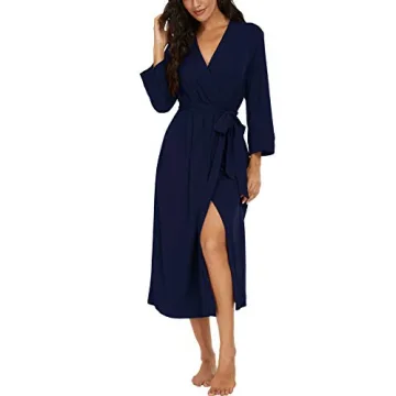VINTATRE Women Kimono Robes Long Knit Bathrobe Lightweight Soft Knit Sleepwear V-neck Casual Ladies ...