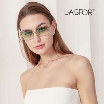 LASPOR Retro Rimless Rectangle Sunglasses for Women Men Tinted Lens Gold Metal Frameless Vintage Squ...