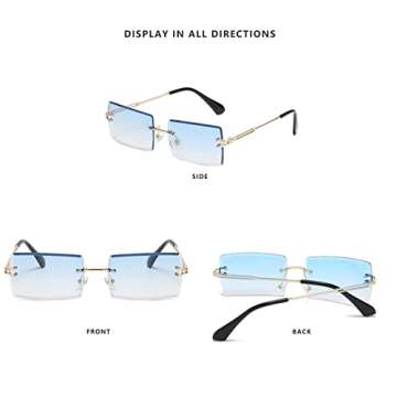 LASPOR Retro Rimless Rectangle Sunglasses for Women Men Tinted Lens Gold Metal Frameless Vintage Square Glasses (Blue/Gold)