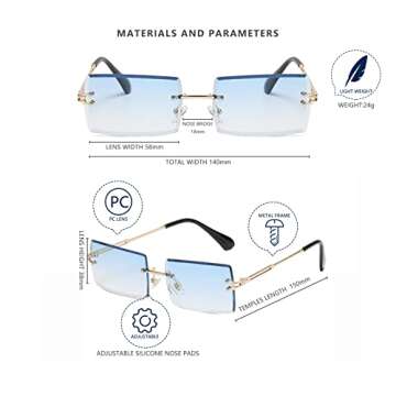 LASPOR Retro Rimless Rectangle Sunglasses for Women Men Tinted Lens Gold Metal Frameless Vintage Square Glasses (Blue/Gold)