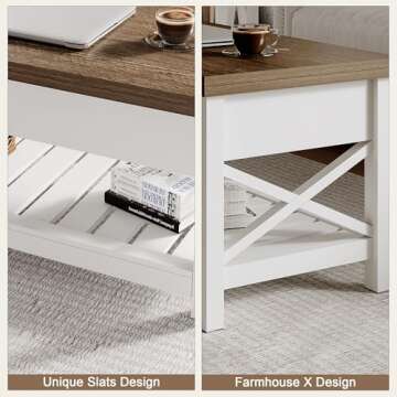 ChooChoo Farmhouse Lift Top Coffee Table, Multi-Function Convertible Coffee Table with Storage and Hidden Compartment, Coffee Table Converts to Dining Table for Living Room, 40 White & Brown
