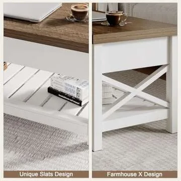 ChooChoo Farmhouse Lift Top Coffee Table, Multi-Function Convertible Coffee Table with Storage and Hidden Compartment, Coffee Table Converts to Dining Table for Living Room, 40 White & Brown