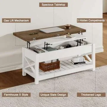 ChooChoo Farmhouse Lift Top Coffee Table, Multi-Function Convertible Coffee Table with Storage and Hidden Compartment, Coffee Table Converts to Dining Table for Living Room, 40 White & Brown