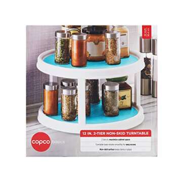 Copco Non-Skid 2 Tier Turntable, 12" - Ideal for Kitchen, Bathroom, Home Office, Laundry Room, Garage, Craft Room, Pantry - Smooth-Glide Lazy Susan Organizer with Nonskid Liner and Raised Rim