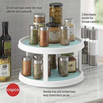 Copco Non-Skid 2 Tier Turntable, 12" - Ideal for Kitchen, Bathroom, Home Office, Laundry Room, Garage, Craft Room, Pantry - Smooth-Glide Lazy Susan Organizer with Nonskid Liner and Raised Rim