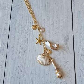 Cute Coastal Hanging Charm for Car Rear View Mirror, Beach Themed Seashells Decor