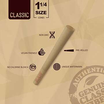 RAW Cones Classic 1-1/4 Size - 150 Pack - Slow Burning Pre Rolled Cones with Tips & Packing Tubes Included