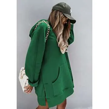 PRETTYGARDEN Women's Casual Pullover Sweatshirt Long Sleeve Split Hem Hoodie Dress with Kangaroo Pocket (Dark Green,Large)