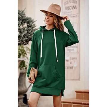 PRETTYGARDEN Women's Casual Pullover Sweatshirt Long Sleeve Split Hem Hoodie Dress with Kangaroo Pocket (Dark Green,Large)