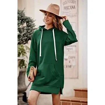 PRETTYGARDEN Women's Casual Pullover Sweatshirt Long Sleeve Split Hem Hoodie Dress with Kangaroo Pocket (Dark Green,Large)