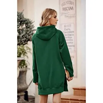 PRETTYGARDEN Women's Casual Pullover Sweatshirt Long Sleeve Split Hem Hoodie Dress with Kangaroo Pocket (Dark Green,Large)