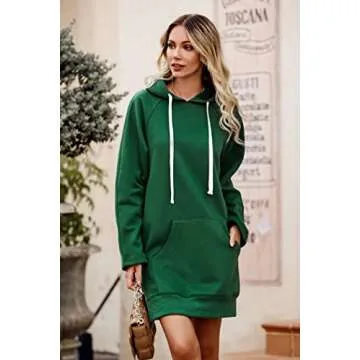 PRETTYGARDEN Women's Casual Pullover Sweatshirt Long Sleeve Split Hem Hoodie Dress with Kangaroo Pocket (Dark Green,Large)