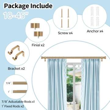 VOIIY Adjustable Gold Curtain Rods 18-45 Inch Stylish