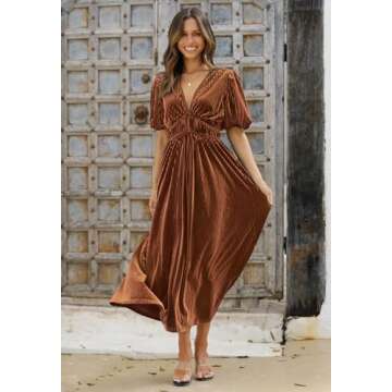 Sissyaki Women's Velvet Dress Formal Dresses for Wedding Guest 2024 Fall Dress Caramel S