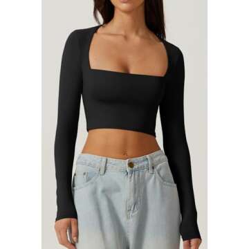 QINSEN Women's Sexy Square Neck Crop Top Long Sleeve Slim Fit Cropped T Shirts Black XS