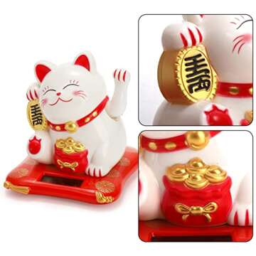 Youeon 2 Pack Lucky Cat Waving Arm, Small Solar Waving Cat, Cute White Beckoning Cat Welcoming Cat, Maneki Neko as Good Luck Decor for Home, Office, Car, Stores, Restaurants