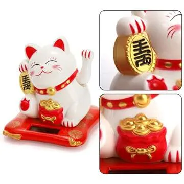 Youeon 2 Pack Lucky Cat Waving Arm, Small Solar Waving Cat, Cute White Beckoning Cat Welcoming Cat, Maneki Neko as Good Luck Decor for Home, Office, Car, Stores, Restaurants