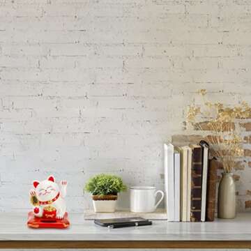 Youeon 2 Pack Lucky Cat Waving Arm, Small Solar Waving Cat, Cute White Beckoning Cat Welcoming Cat, Maneki Neko as Good Luck Decor for Home, Office, Car, Stores, Restaurants