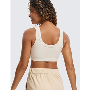 CRZ YOGA Ribbed Sports Bras for Women - U Back Wireless Medium Impact Sports Bra Padded Yoga Workout Bra White Apricot Medium