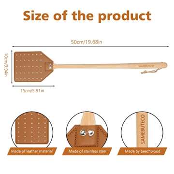 SAMEBUTECO Heavy Duty Leather Fly Swatter Brown Leather with Beech Wood Long Handle for Indoor and Outdoor 19.7’’