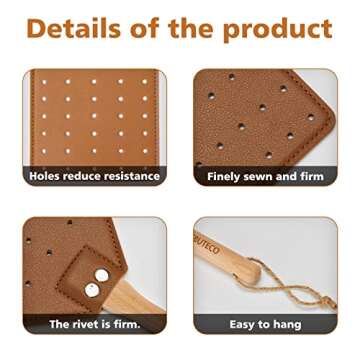 SAMEBUTECO Heavy Duty Leather Fly Swatter Brown Leather with Beech Wood Long Handle for Indoor and Outdoor 19.7’’
