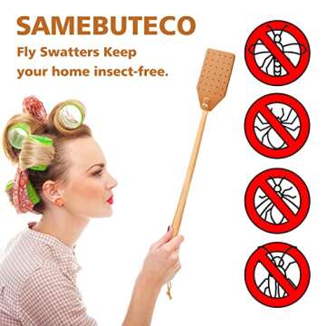 SAMEBUTECO Heavy Duty Leather Fly Swatter Brown Leather with Beech Wood Long Handle for Indoor and Outdoor 19.7’’