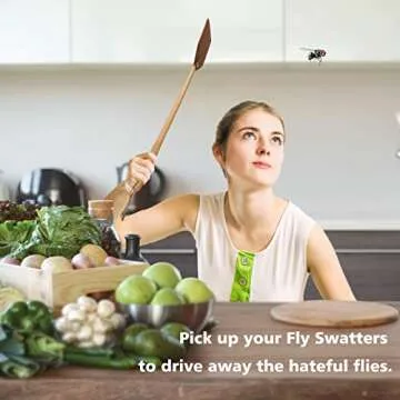 SAMEBUTECO Heavy Duty Leather Fly Swatter Brown Leather with Beech Wood Long Handle for Indoor and Outdoor 19.7’’