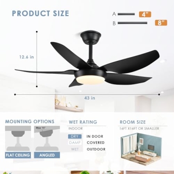 JSAITEE Ceiling Fan with Lights & Remote Control 43 Inch