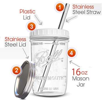 Reusable Wide Mouth Smoothie Cups Boba Tea Bubble with Lids and Silver Straws Mason Jars Glass (2-pa...