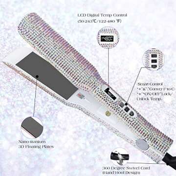 DORISILK Crystal Diamond Titanium Hair Straightener, 2 Inch Rhinestone Flat Iron, Dual Voltage Strai...