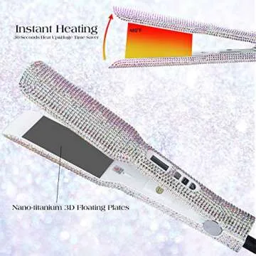 DORISILK Crystal Diamond Titanium Hair Straightener, 2 Inch Rhinestone Flat Iron, Dual Voltage Straightening Irons, Instant Heat-up 480°F Quick Styling, LCD Display, Gorgeous Rhinestone (AB Shine)