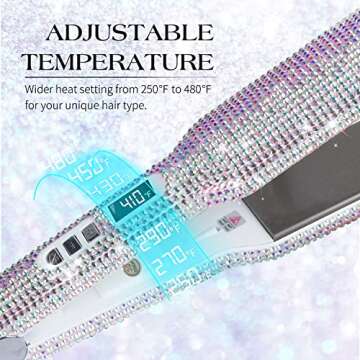 DORISILK Crystal Diamond Titanium Hair Straightener, 2 Inch Rhinestone Flat Iron, Dual Voltage Straightening Irons, Instant Heat-up 480°F Quick Styling, LCD Display, Gorgeous Rhinestone (AB Shine)