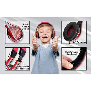 eKids Cars Kids Headphones, Adjustable Headband, Stereo Sound, 3.5Mm Jack, Wired Headphones for Kids, Tangle-Free, Volume Control, Childrens Headphones Over Ear for School Home, Travel