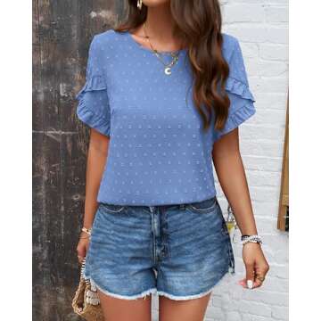 PRETTYGARDEN Women's Shirts Summer Casual Crewneck Petal Short Sleeve Blouses Cute Swiss Dot Bohemian Loose Tunic Tops(Blue,Small)