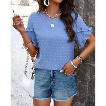 PRETTYGARDEN Women's Shirts Summer Casual Crewneck Petal Short Sleeve Blouses Cute Swiss Dot Bohemian Loose Tunic Tops(Blue,Small)